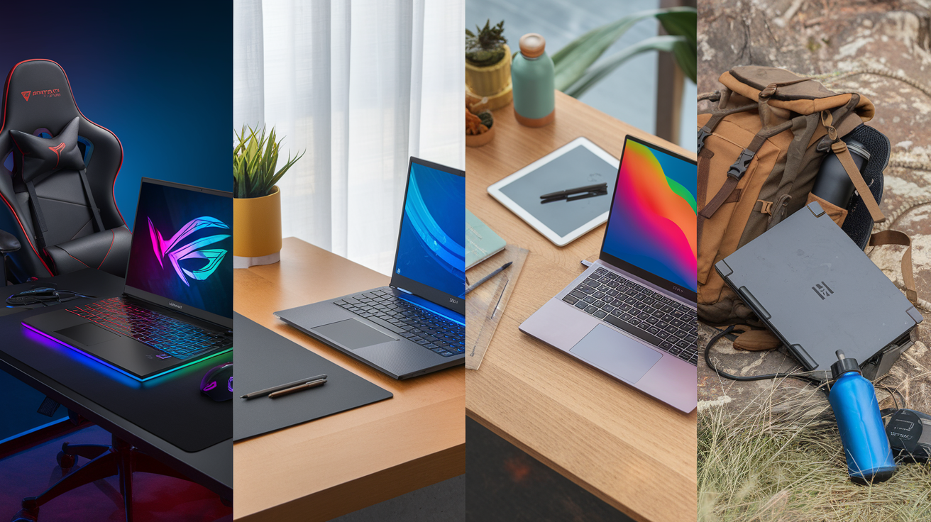 Create a realistic image of a split-screen display showing four different laptop models side by side, each in a distinct environment: a gaming setup with RGB lighting, a professional office desk, a creative studio with digital art tools, and an outdoor scene with a rugged laptop, all showcasing the versatility of laptops for specific purposes.