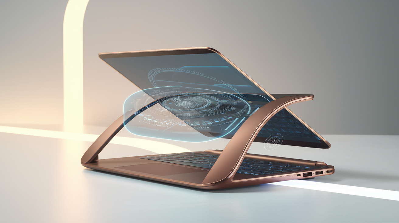 Create a realistic image of a sleek, futuristic laptop with a transparent holographic display hovering above its keyboard, showcasing innovative design elements such as a curved ergonomic body, ultra-thin profile, and seamless integration of touch-sensitive controls, set against a minimalist white background with soft ambient lighting to highlight the laptop's cutting-edge features.