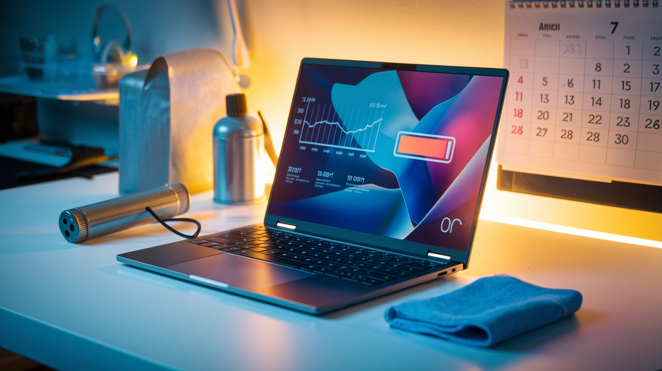 Create a realistic image of a sleek modern laptop on a clean desk with a performance graph and battery icon displayed on its screen, surrounded by maintenance tools like compressed air can and microfiber cloth, with a calendar showing regular checkup dates in the background, all under warm, productivity-enhancing lighting.