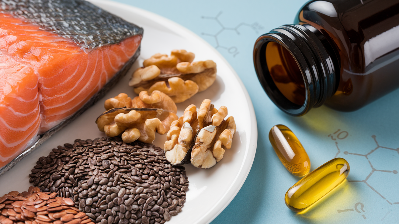 Create a realistic image of a closeup view of various omega-3 rich foods arranged on a white plate, including a piece of grilled salmon, walnuts, chia seeds, and flaxseeds, with a bottle of fish oil capsules nearby, all set against a light blue background with subtle molecular structures of omega-3 fatty acids faintly visible in the background.