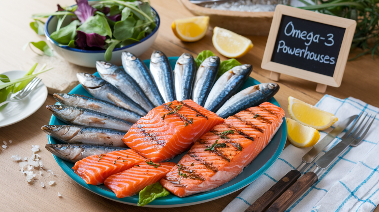 Create a realistic image of a vibrant plate filled with grilled salmon, sardines, and mackerel, arranged on a wooden table with a bowl of fresh leafy greens and lemon wedges nearby, soft natural lighting highlighting the omega-3 rich fish, with a small chalkboard in the background displaying "Omega-3 Powerhouses" text.