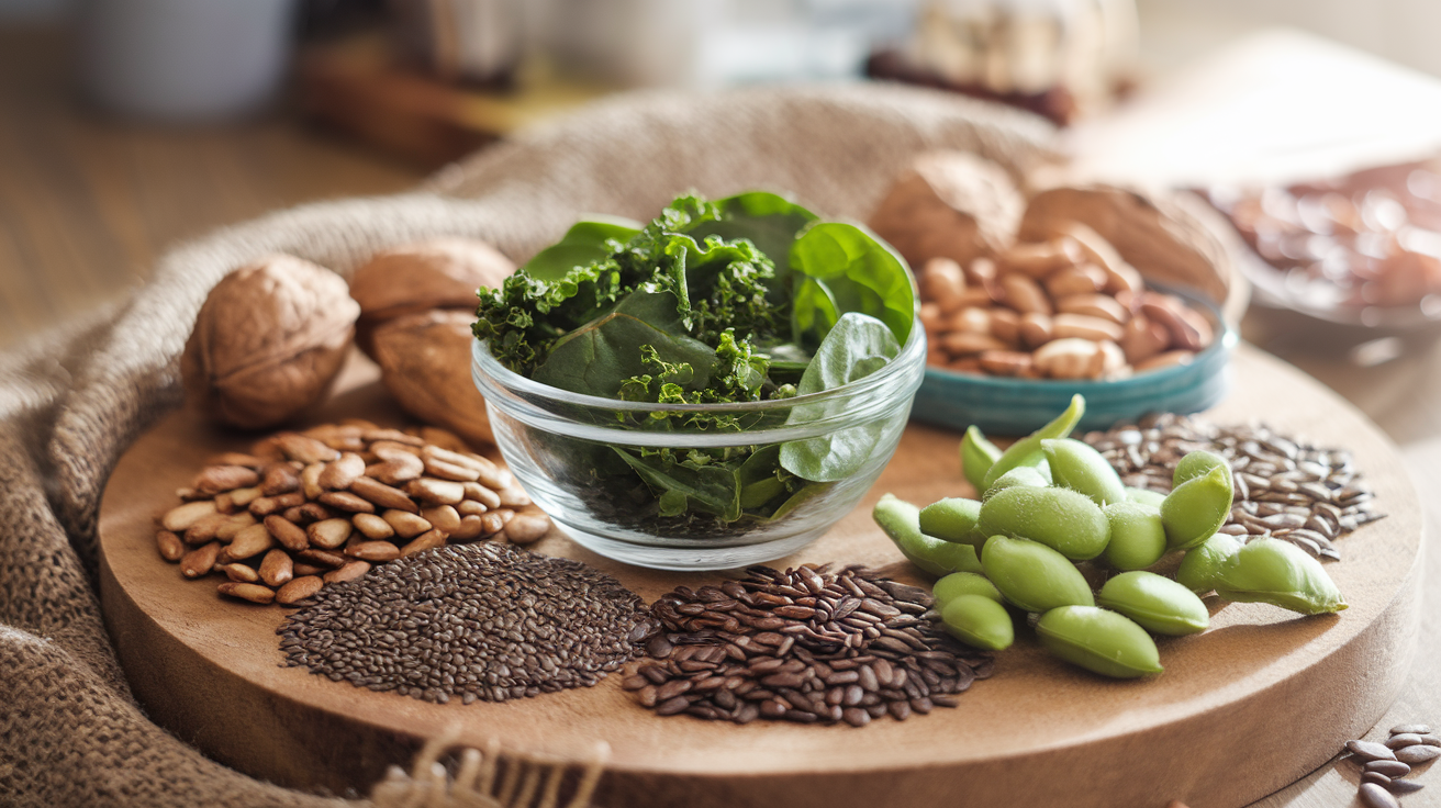 Create a realistic image of a wooden table with various plant-based omega-3 sources arranged neatly, including walnuts, chia seeds, flaxseeds, hemp seeds, and edamame pods. A small glass bowl filled with green leafy vegetables like spinach and kale sits in the center. Soft, natural lighting illuminates the scene, emphasizing the textures and colors of the foods. A burlap cloth partially covers the table, adding a rustic touch to the composition.