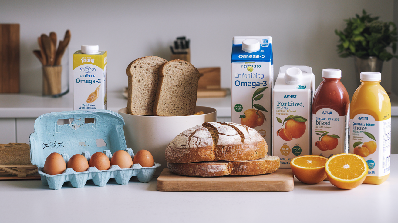 Create a realistic image of a kitchen countertop with various fortified foods prominently displayed, including omega-3 enriched eggs, milk cartons labeled with omega-3, fortified bread, and orange juice bottles highlighting omega-3 content, arranged neatly with vibrant colors and soft, natural lighting to emphasize their nutritional value.