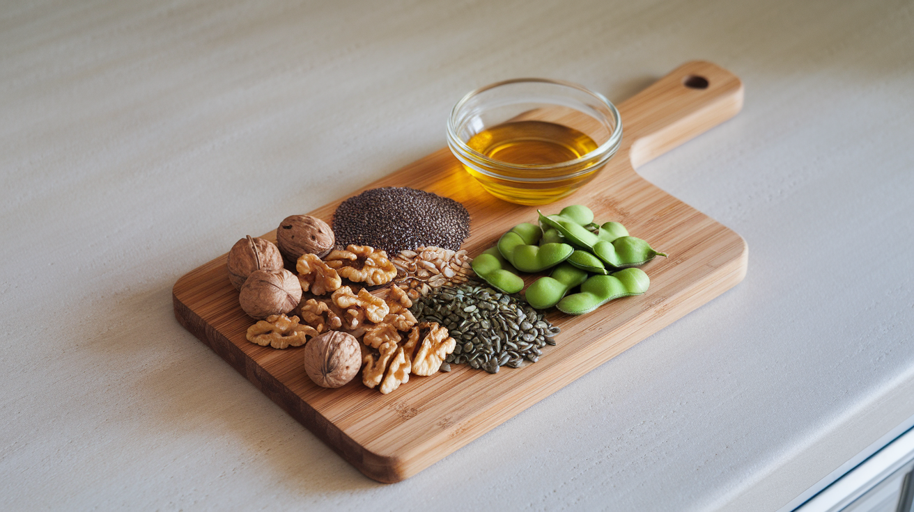 Create a realistic image of a wooden cutting board with an array of non-seafood omega-3 rich foods including walnuts, chia seeds, flaxseeds, hemp seeds, and edamame pods, with a small glass bowl of canola oil in the corner, all arranged on a light-colored kitchen countertop with soft, natural lighting.