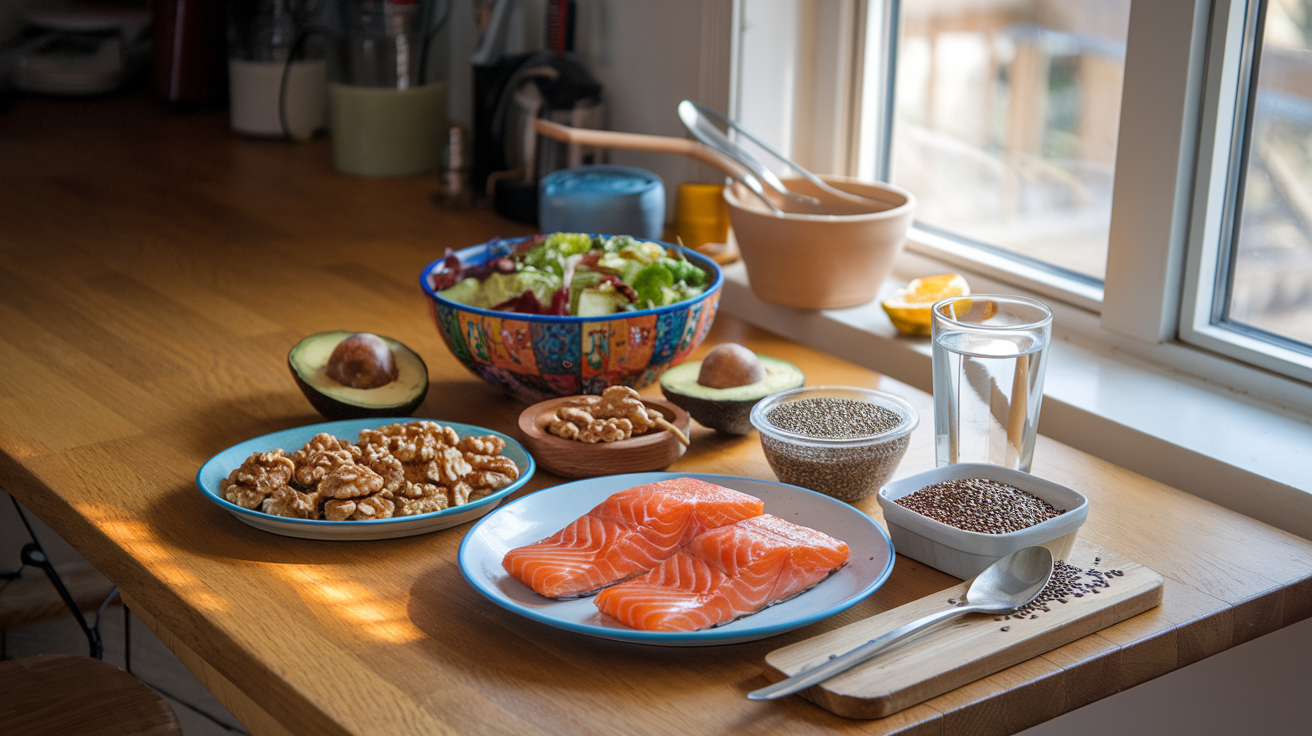 Create a realistic image of a wooden kitchen table with various omega-3 rich foods spread out, including grilled salmon, walnuts, chia seeds, flaxseeds, and avocado, alongside a colorful salad bowl and a glass of water, with natural light streaming through a window, creating a warm and inviting atmosphere that suggests a healthy lifestyle.