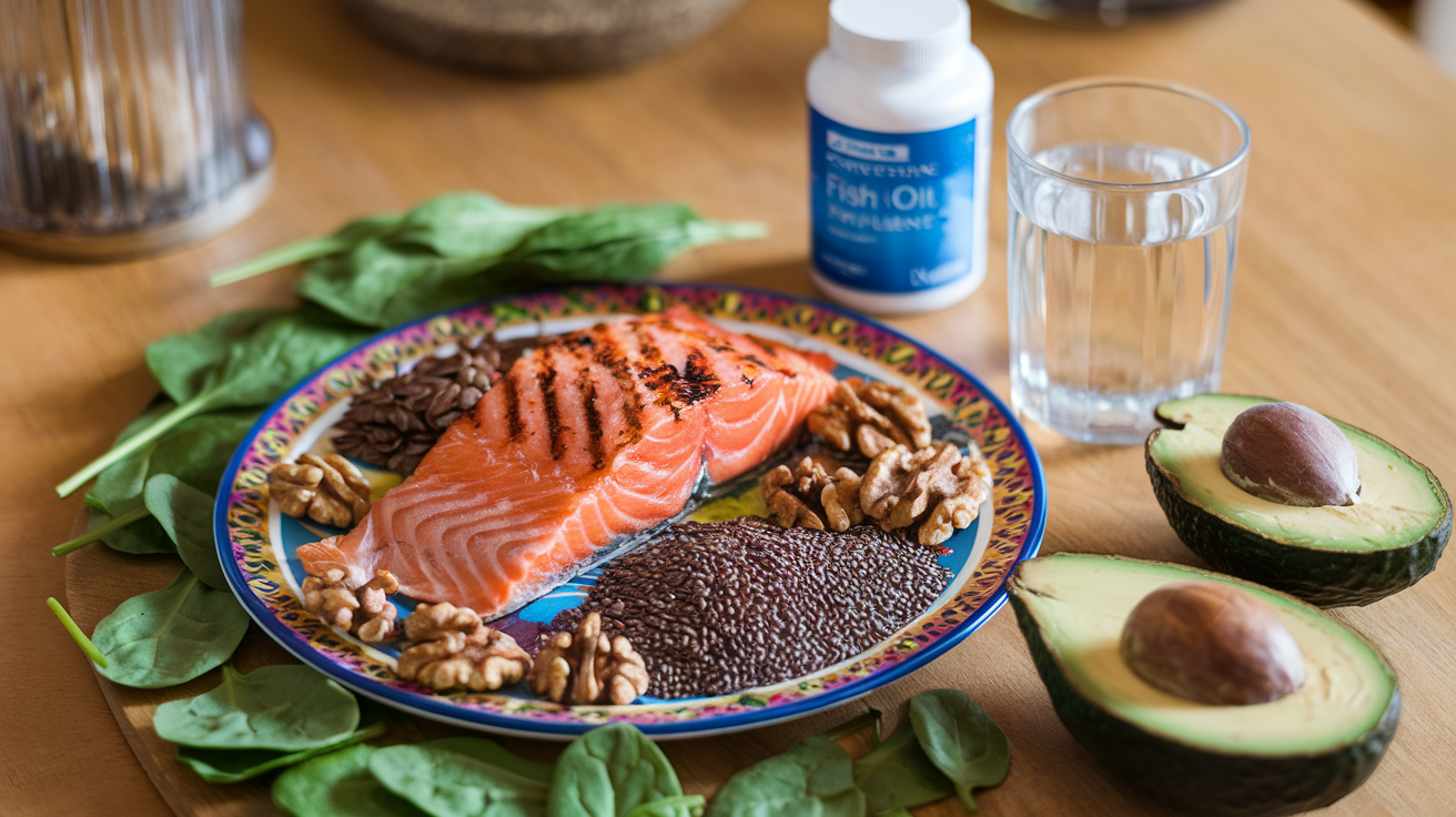 Create a realistic image of a colorful plate filled with various omega-3 rich foods including grilled salmon, walnuts, chia seeds, and flaxseeds, surrounded by fresh spinach leaves and sliced avocado, with a glass of water and a bottle of fish oil supplements nearby, all set on a wooden table with warm, natural lighting to emphasize the health benefits theme.