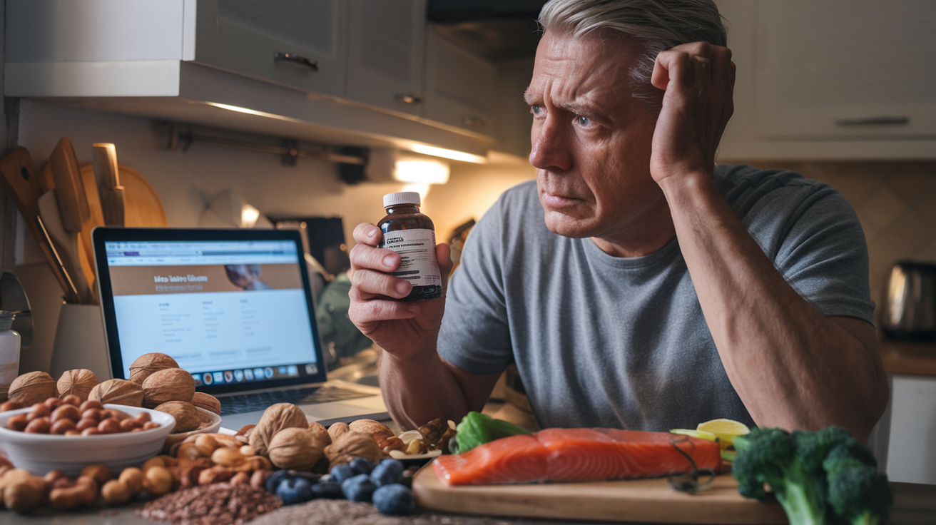 Create a realistic image of a worried middle-aged white male examining a fish oil supplement bottle in a kitchen, with a laptop displaying a medical website in the background, surrounded by various omega-3 rich foods like salmon, walnuts, and flaxseeds, with subtle warm lighting emphasizing the contemplative mood.