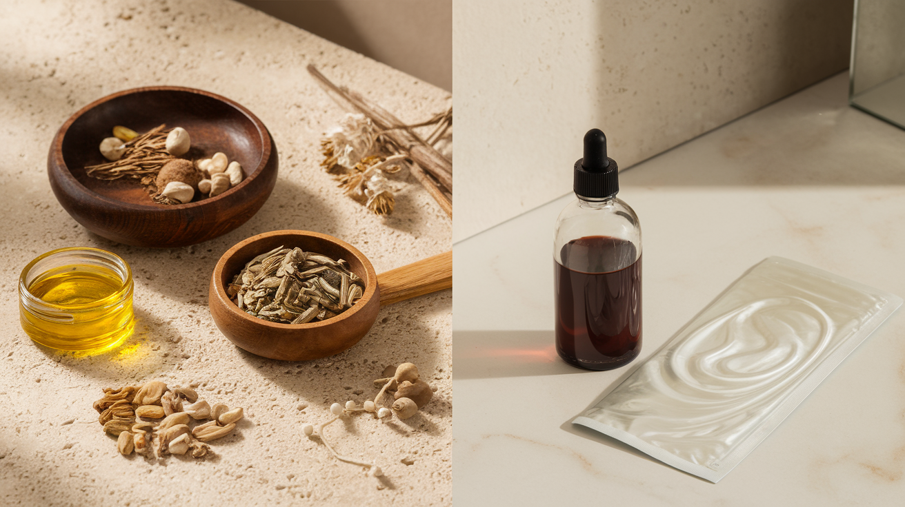 Create a realistic image of a split-screen composition showing traditional Ayurvedic skincare ingredients (herbs, oils, wooden bowls) on the left and modern Korean skincare products (sheet masks, glass bottles, sleek packaging) on the right, both arranged on elegant vanity surfaces with soft, natural lighting creating a serene atmosphere, with "Ayurvedic vs Korean: Beauty Traditions Compared" as a subtle text overlay.