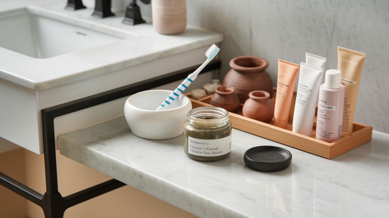 Create a realistic image of a modern bathroom vanity with an organized hybrid skincare routine display featuring both Ayurvedic ingredients (like turmeric, neem, and sandalwood) in earthy clay pots and Korean skincare products (like essence bottles and sheet masks) in sleek packaging, arranged neatly on a clean marble countertop with soft natural lighting creating a serene, spa-like atmosphere.