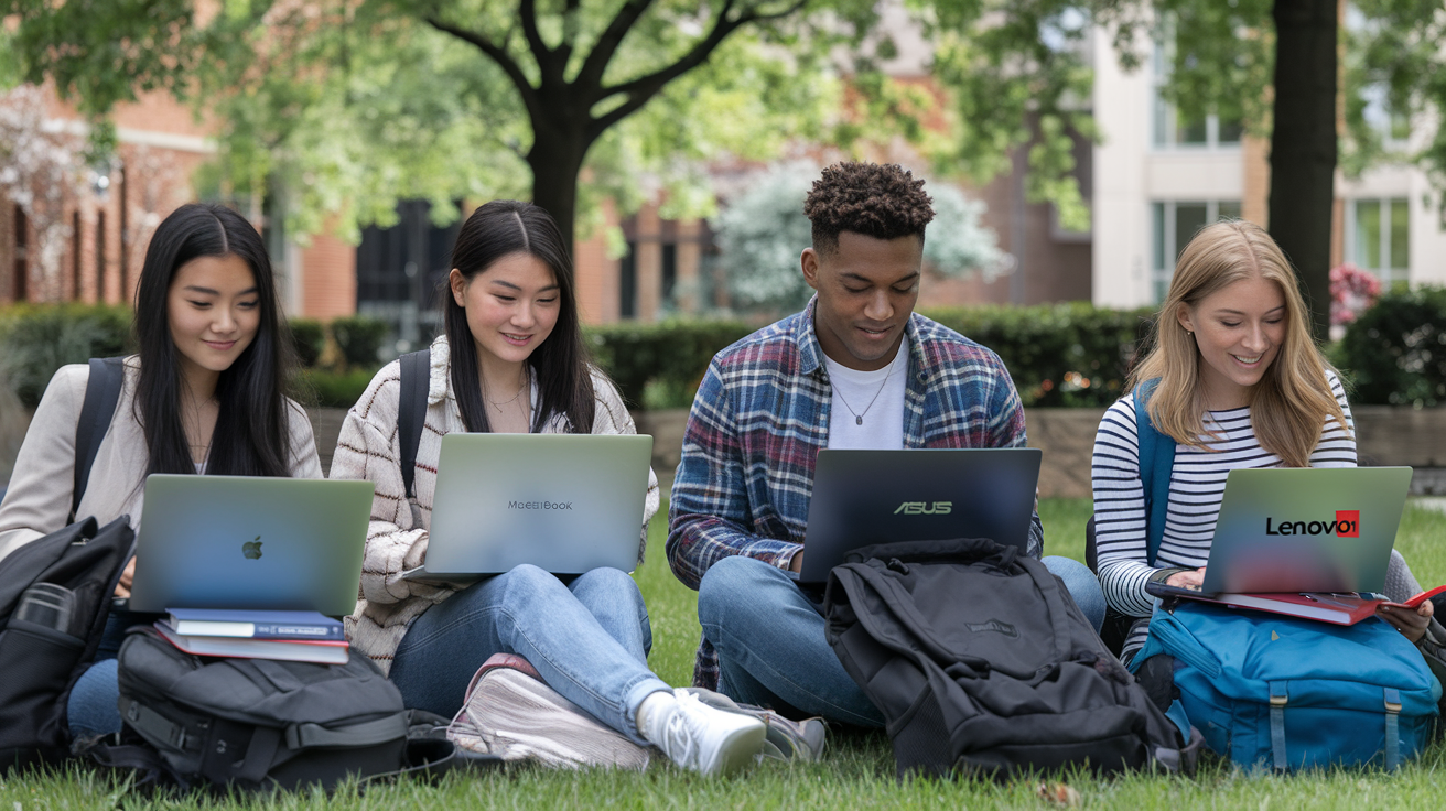 Create a realistic image of a diverse group of college students (Asian female, Black male, and White female) sitting outdoors on a campus lawn, focused on their modern laptops with different brands visible (MacBook, Asus, Lenovo), surrounded by backpacks and textbooks, with soft natural lighting creating a productive atmosphere, and a subtle text overlay reading "Best Laptops for Student Success 2025."