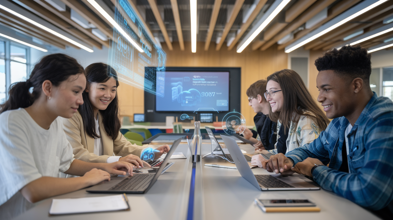 Create a realistic image of a diverse group of college students (Asian female, Black male, White female) sitting in a modern university library or study space, actively using different laptop models to collaborate on projects, with digital holographic displays showing educational content, smart classroom technology in the background, and subtle futuristic UI elements on their screens that suggest AI-assisted learning tools and cloud connectivity in the year 2025.