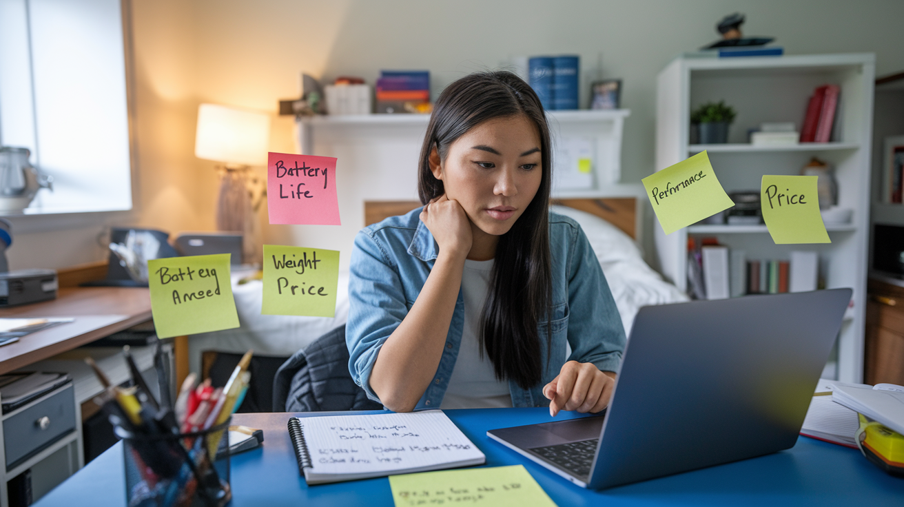 Create a realistic image of a young Asian female student sitting at a desk, looking thoughtfully at a laptop screen while comparing different laptop models on a notepad beside her, with sticky notes showing key factors like "Battery Life," "Weight," "Performance," and "Price" arranged around her workspace, in a well-lit dorm room with natural light coming through a window, creating a focused study atmosphere.