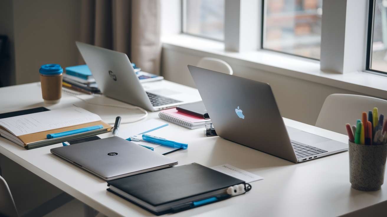 Create a realistic image of a modern, well-organized desk setup with 2-3 top-quality laptops (like MacBook Pro, Dell XPS, and HP Spectre) arranged neatly, surrounded by student essentials such as notebooks, textbooks, highlighters, and a coffee mug, with soft natural lighting coming through a window, creating a productive study atmosphere, no people visible.