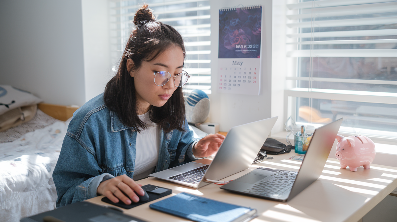 Create a realistic image of a young Asian female student with glasses comparing affordable laptop options in a bright college dorm room, looking at price tags and spec sheets spread across a desk, with a calendar showing May 2025 and a small piggy bank nearby, natural light streaming through a window, emphasizing the budget-friendly aspect of student computing.
