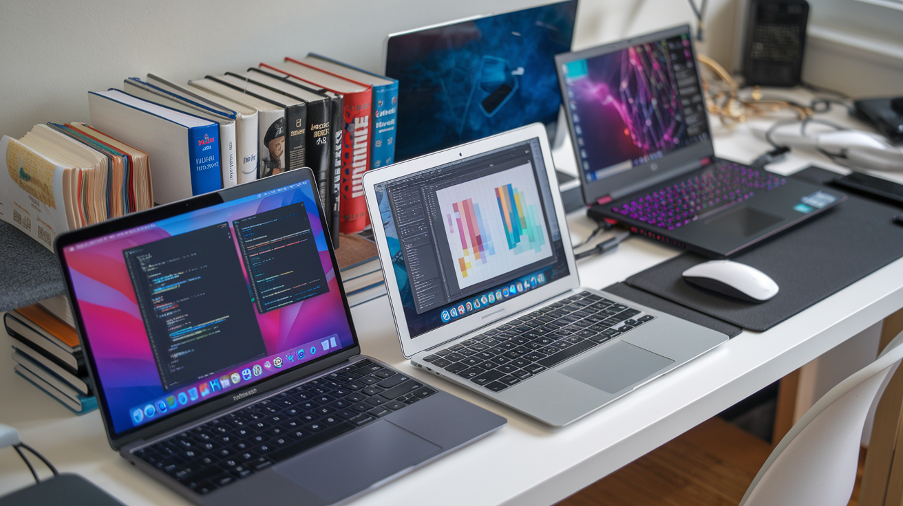 Create a realistic image of diverse laptops displayed on a modern study desk, each with different specifications visible on their screens - one showing graphic design software, another with coding interface, a third with scientific data, and a gaming laptop with vibrant display, all arranged neatly with college textbooks, highlighting their specialized capabilities for different academic disciplines.