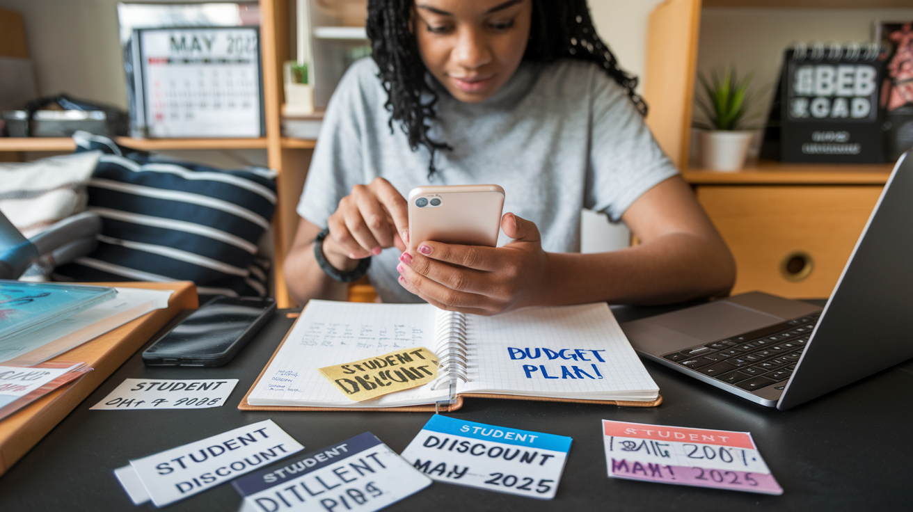 Create a realistic image of a young black female student comparing laptop prices on her smartphone while sitting at a desk with a notebook showing a budget plan, discount codes visible on screen, various price tags and "Student Discount" labels scattered nearby, in a well-lit dorm room setting with a calendar showing May 2025 in the background.