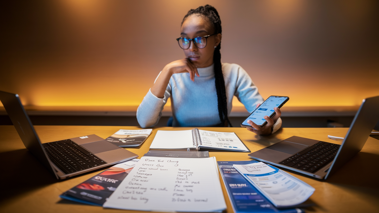 Create a realistic image of a college-aged black female student sitting at a desk with multiple laptop brochures and comparison charts spread out, looking thoughtfully at her notebook where she's created a pros and cons list, with a smartphone displaying pricing information, warm ambient lighting creating a focused atmosphere, suggesting the final stages of making an important purchase decision.