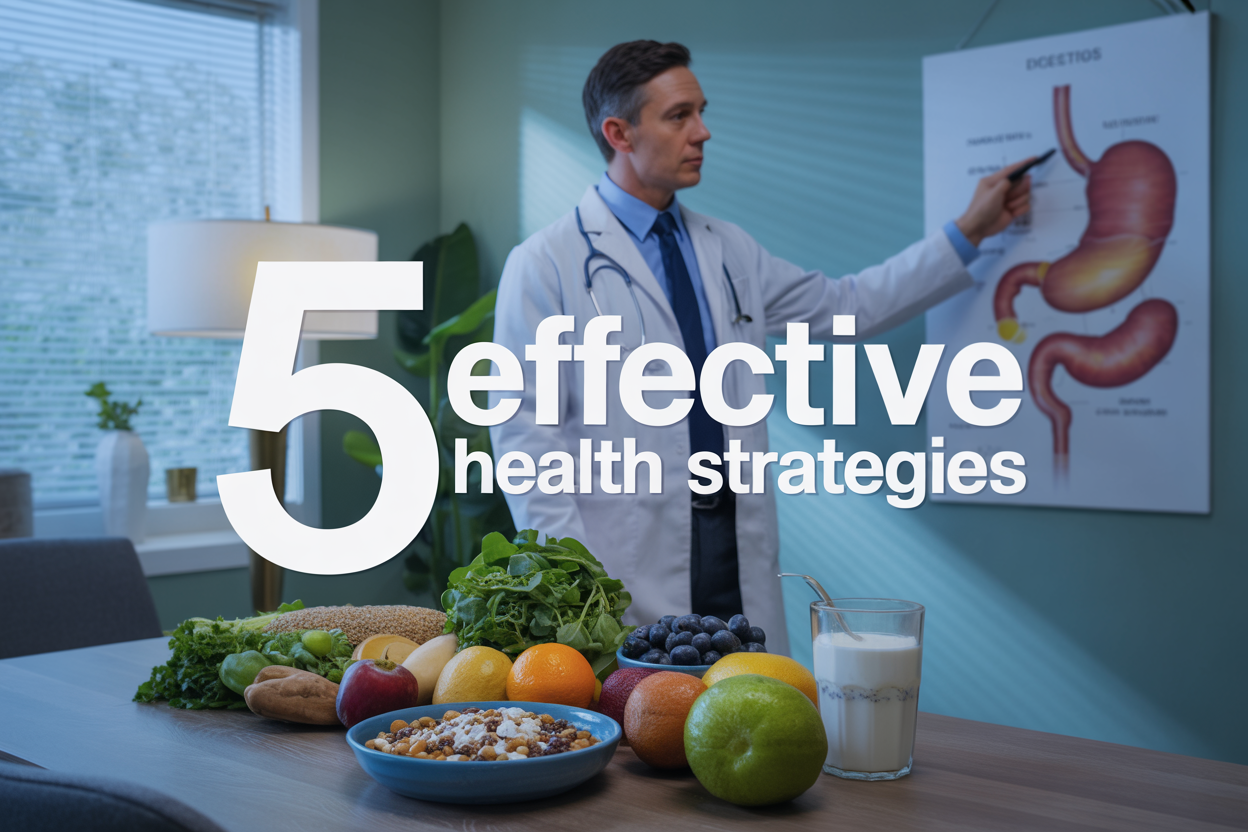 Create a realistic image of a clean, modern medical consultation room with a diverse group of healthy foods (leafy greens, fruits, whole grains, yogurt) arranged on a wooden table in the foreground, a white male doctor in his 40s wearing a white coat pointing to a simplified digestive system diagram on the wall, soft natural lighting from a window, calming blue and green color palette, with the text "5 Effective Health Strategies" prominently displayed in clean, professional typography overlaying the image.