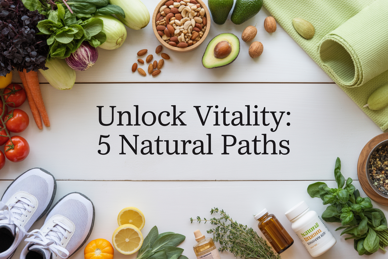 Create a realistic image of a vibrant flat lay composition featuring fresh colorful vegetables (leafy greens, tomatoes, avocados), a bowl of mixed nuts, a pair of white running shoes, a yoga mat partially visible at the edge, natural supplement bottles, and fresh herbs scattered around, all arranged on a clean white wooden surface with soft natural lighting from above, with the text "Unlock Vitality: 5 Natural Paths" elegantly overlaid in modern sans-serif font.