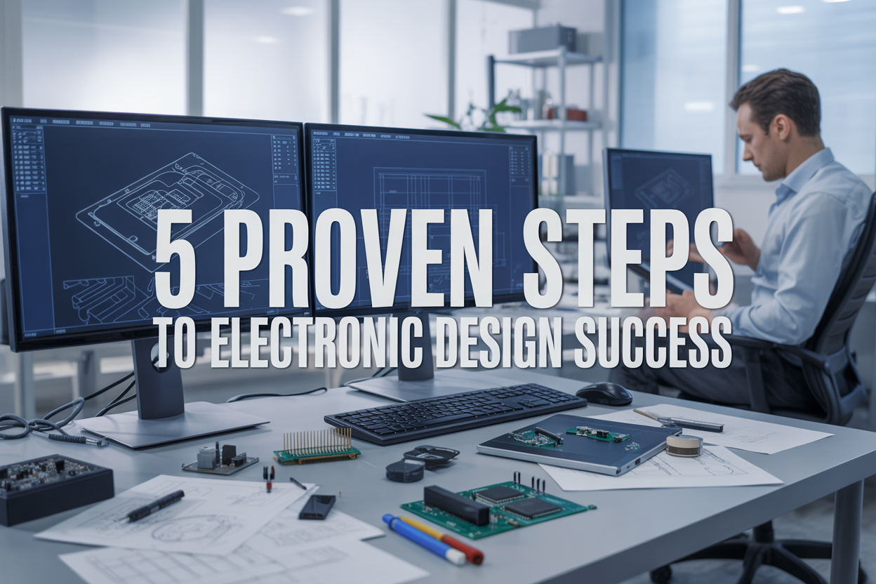 Create a realistic image of a modern electronics design workspace featuring a sleek desk with multiple computer monitors displaying circuit board schematics and 3D product models, surrounded by various electronic components like microchips, circuit boards, and prototype devices, with design sketches and technical drawings scattered on the desk, a white male engineer in his 30s working intently on a tablet in the background, bright clean lighting from large windows, professional corporate environment with white and blue color scheme, and prominent text overlay reading "5 Proven Steps to Electronic Design Success" in bold modern typography.