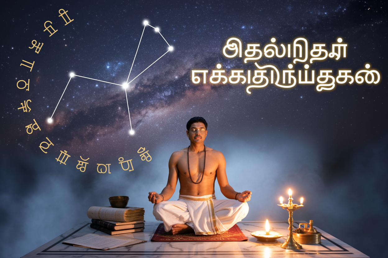 Create a realistic image of a mystical celestial scene featuring the Ashwini constellation prominently displayed in a starry night sky, with two bright stars forming the horse head shape characteristic of Ashwini nakshatra, golden astrological symbols and Sanskrit characters subtly glowing around the constellation, a South Asian male astrologer in traditional white dhoti and sacred thread sitting in meditation pose on a marble platform below, ancient palm leaf manuscripts and brass oil lamps placed nearby, soft ethereal blue and golden lighting illuminating the scene, with the Tamil text "அஸ்வினி நட்சத்திர ரகசியங்கள்" elegantly displayed in glowing golden letters across the top portion of the image, creating a spiritual and mystical atmosphere that represents Vedic astrology and Tamil astrological wisdom.