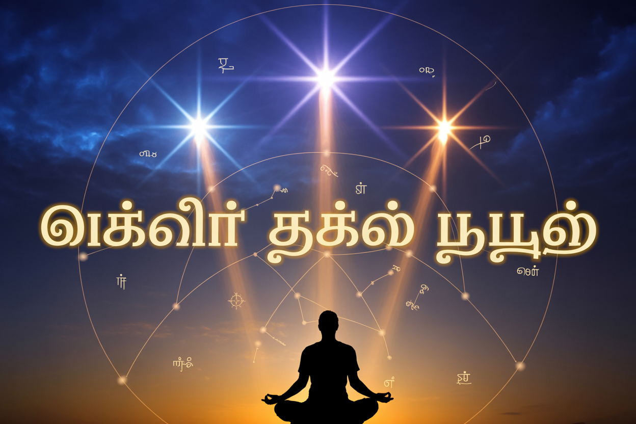 Create a realistic image of a mystical celestial scene featuring three bright constellation stars (Ashwini, Magha, Mula) glowing prominently in a deep blue night sky, with golden cosmic energy rays emanating from the stars and flowing downward toward a silhouette of a person meditating in lotus position on earth below, ancient Sanskrit astronomical symbols and star charts subtly visible in the background, warm golden and deep blue lighting creating a spiritual atmosphere, with the Tamil text "அஸ்வினி மகம் மூலம்" elegantly displayed in glowing golden letters across the top portion of the image.