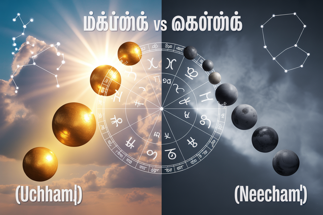 உச்சம் vs நீச்சம்: எது உங்கள் வாழ்க்கையை மாற்றும்? Create a realistic image of a split-screen composition showing contrasting celestial scenes representing planetary exaltation versus debilitation in Vedic astrology, with the left side displaying bright golden planets ascending upward against a luminous sky symbolizing "உச்சம் (Uchham)" with radiant light rays, and the right side showing darker planets descending against a shadowy background representing "நீச்சம் (Neecham)" with muted tones, include a traditional Indian astrological chart or birth chart (kundali) in the center as a connecting element, add Tamil text "உச்சம் vs நீச்சம்" prominently at the top, incorporate subtle mystical elements like constellation patterns and zodiac symbols in the background, use warm golden lighting for the left side and cooler blue-gray lighting for the right side to emphasize the contrast between positive and negative planetary influences.