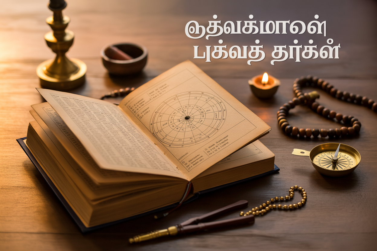 Create a realistic image of an open traditional Indian almanac (panchang) book with Sanskrit text and astronomical charts visible on its pages, alongside a brass compass, wooden prayer beads, and a small oil lamp, all arranged on a wooden table with warm golden lighting, with the text "முகூர்த்தம் குறிப்பது எப்படி" elegantly overlaid in Tamil script, creating a serene and spiritual atmosphere that represents the ancient practice of auspicious time calculation.