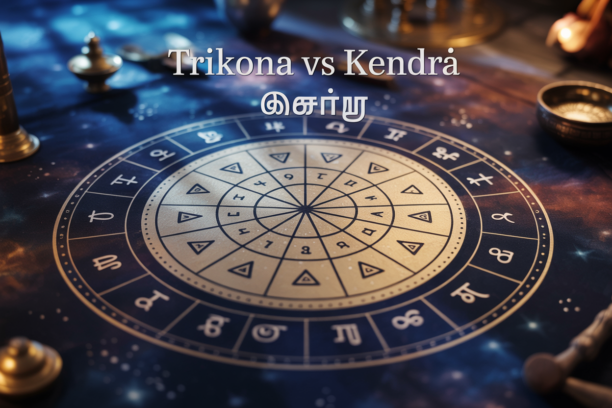 Create a realistic image of a vintage astrology chart or horoscope wheel prominently displayed in the center, showing clearly marked triangular and square geometric patterns representing Trikona and Kendra houses, with golden and silver highlighting to distinguish the different house types, surrounded by traditional Indian astrological symbols and Sanskrit numerals, set against a deep cosmic blue background with subtle star patterns, warm ambient lighting creating a mystical atmosphere, and the text "Trikona vs Kendra" elegantly displayed at the top in both English and Tamil script.