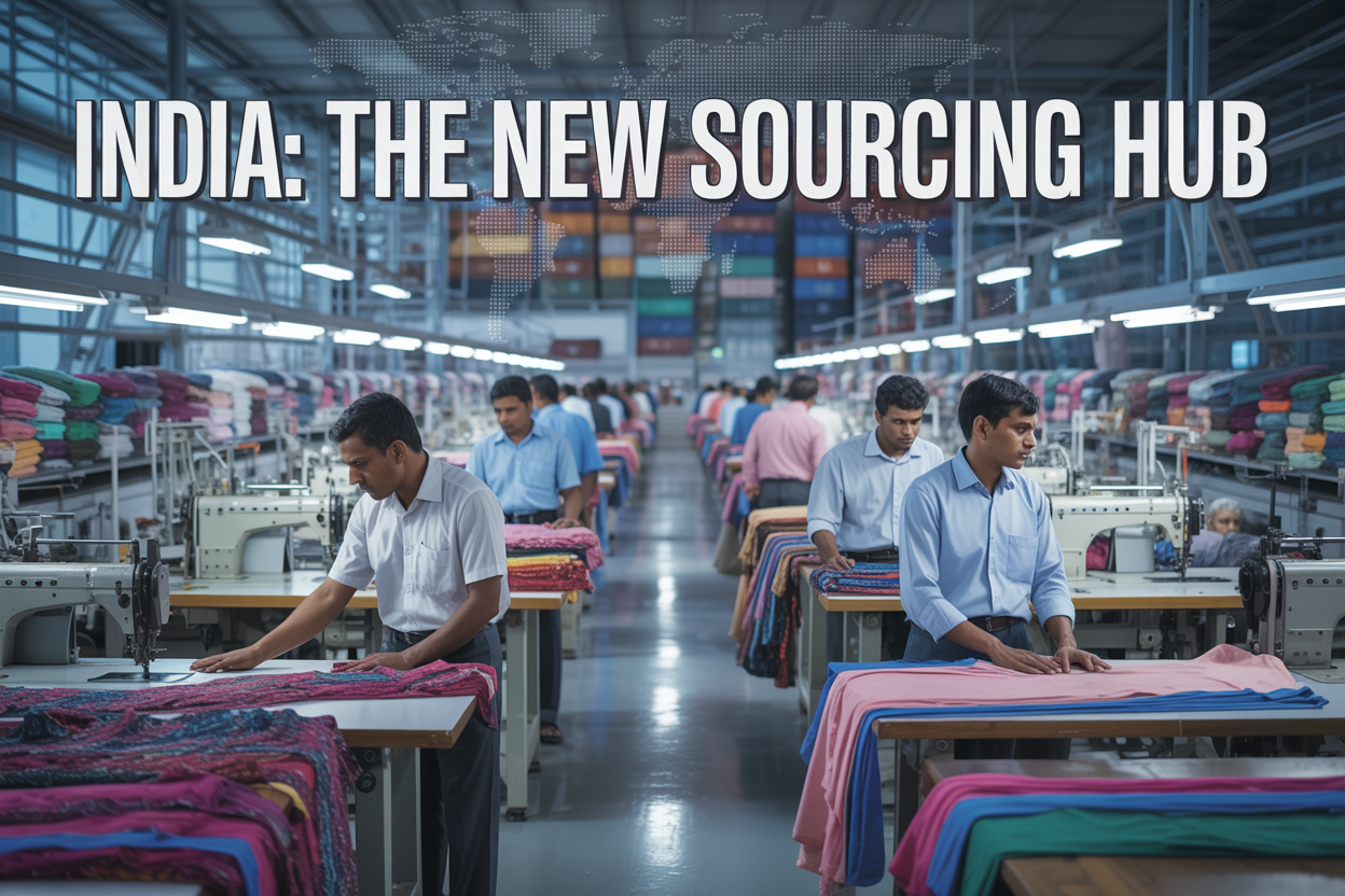 Create a realistic image of a modern textile manufacturing facility in India with rows of sewing machines and fabric cutting tables, featuring South Asian male and female workers in professional attire operating machinery and inspecting colorful fabrics, with stacks of finished garments visible in the background, bright industrial lighting illuminating the clean factory floor, cargo containers and world map graphics subtly integrated into the scene, and bold text overlay reading "India: The New Sourcing Hub" positioned prominently across the upper portion of the image.