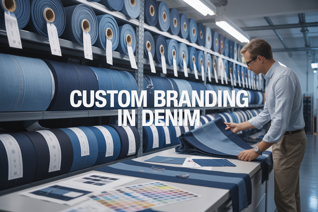 Create a realistic image of a modern textile manufacturing facility showcasing rolls of premium denim fabric in various shades of blue stacked on industrial shelves, with close-up shots of denim texture displaying custom branded labels and tags, including a white male designer in business casual attire examining fabric samples at a sleek workspace, complemented by design sketches and color swatches scattered on a white desk, bright industrial lighting illuminating the scene, and the text "Custom Branding in Denim" prominently displayed in bold modern typography overlaying the image, conveying a professional and innovative atmosphere of the private label denim industry.