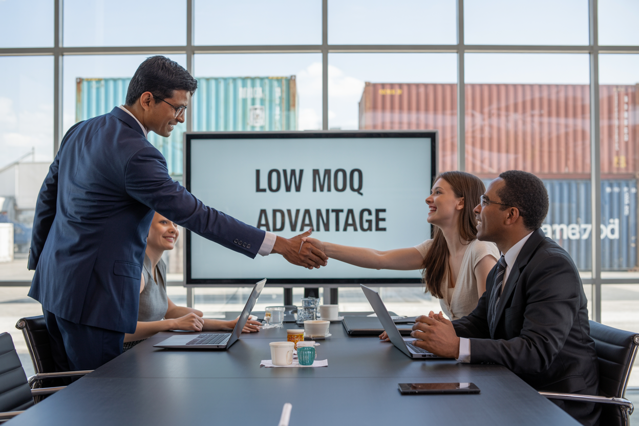Create a realistic image of a modern business meeting scene with an Indian male businessman in a navy suit shaking hands with a diverse group of SME buyers including a white female and black male entrepreneur, all seated around a sleek conference table with laptops, small product samples, and shipping containers visible through large windows in the background, bright natural lighting creating a professional atmosphere, with the text "Low MOQ Advantage" prominently displayed on a presentation screen behind them.