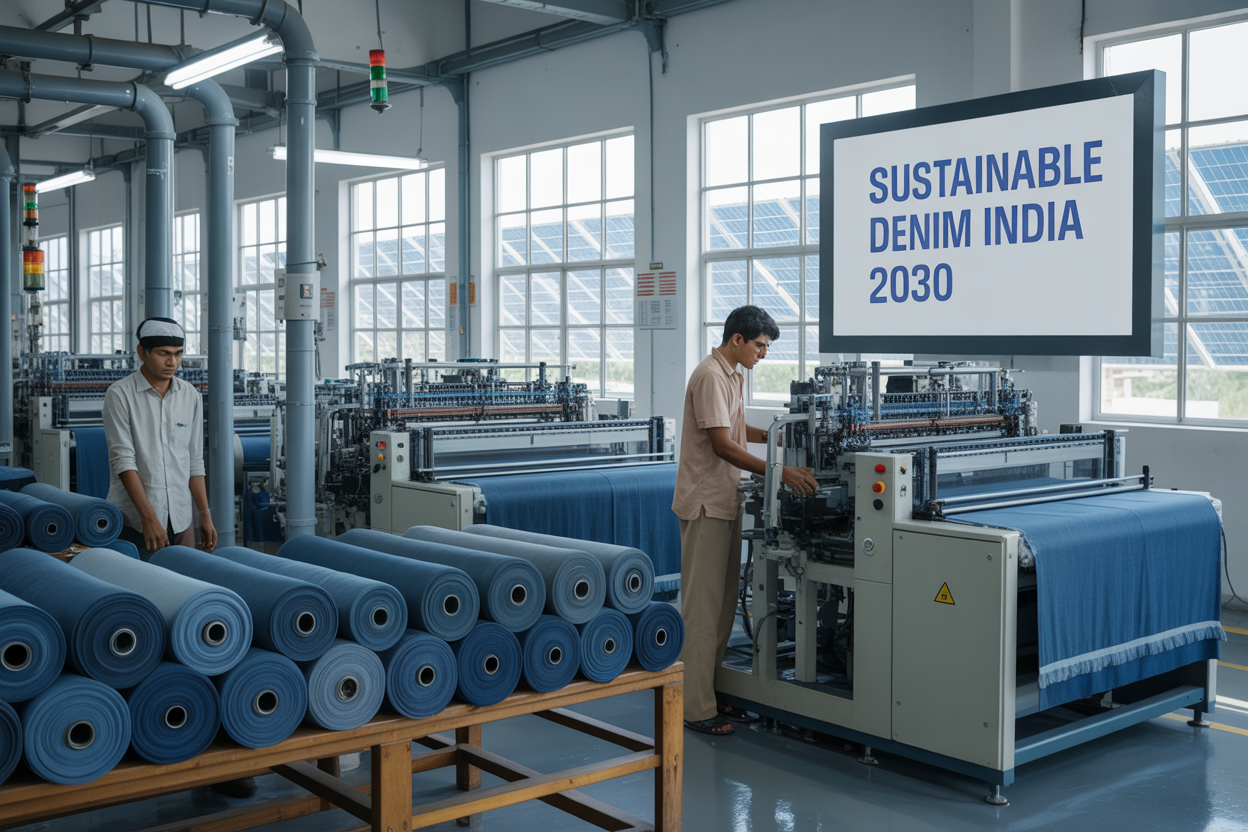 Create a realistic image of a modern textile manufacturing facility in India with sustainable denim production equipment, featuring rolls of eco-friendly denim fabric in various shades of blue stacked on industrial shelves, advanced water recycling machinery with visible pipes and filtration systems, Asian male and female workers in safety gear operating high-tech looms, large windows showing natural lighting illuminating the clean factory floor, green technology indicators like solar panels visible through windows, with the text "Sustainable Denim India 2030" prominently displayed on a modern digital screen mounted on the factory wall, conveying innovation and environmental responsibility in a bright, professional industrial setting.