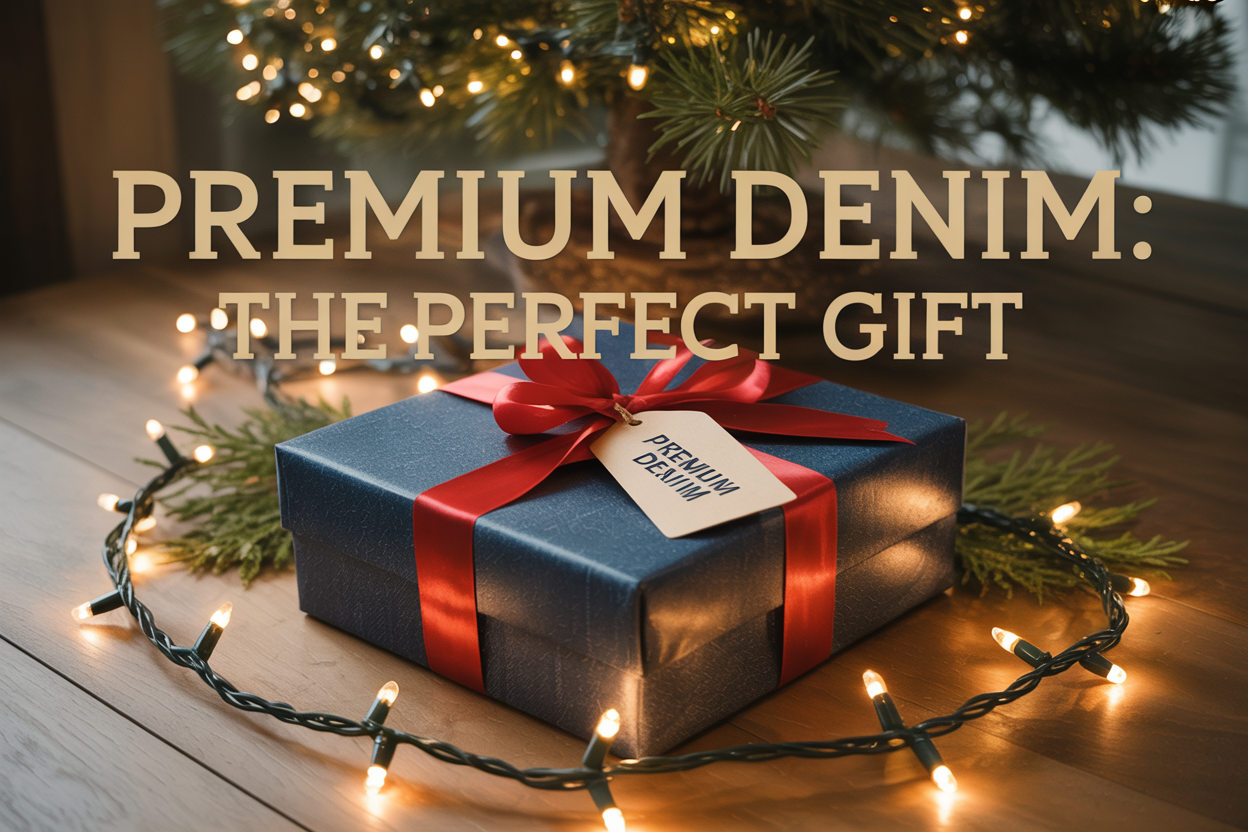 Create a realistic image of a beautifully wrapped premium denim jeans gift box with a red velvet ribbon placed under a decorated Christmas tree, surrounded by warm golden Christmas lights and pine branches, with elegant gift tags attached, featuring the text "Premium Denim: The Perfect Gift" overlaid in sophisticated golden lettering, shot with soft warm lighting that creates a cozy holiday atmosphere.