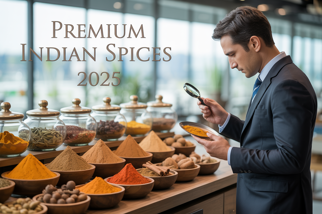 Create a realistic image of a premium spice market display featuring colorful Indian spices in elegant glass jars and wooden bowls arranged on a modern wooden counter, with turmeric, cardamom, cinnamon sticks, red chili powder, and whole spices prominently displayed, accompanied by a professional white male buyer in business attire examining spice samples with a magnifying glass, set against a bright, clean modern spice trading facility background with soft natural lighting streaming through large windows, and include the text "Premium Indian Spices 2025" overlaid in elegant gold lettering at the top of the image.