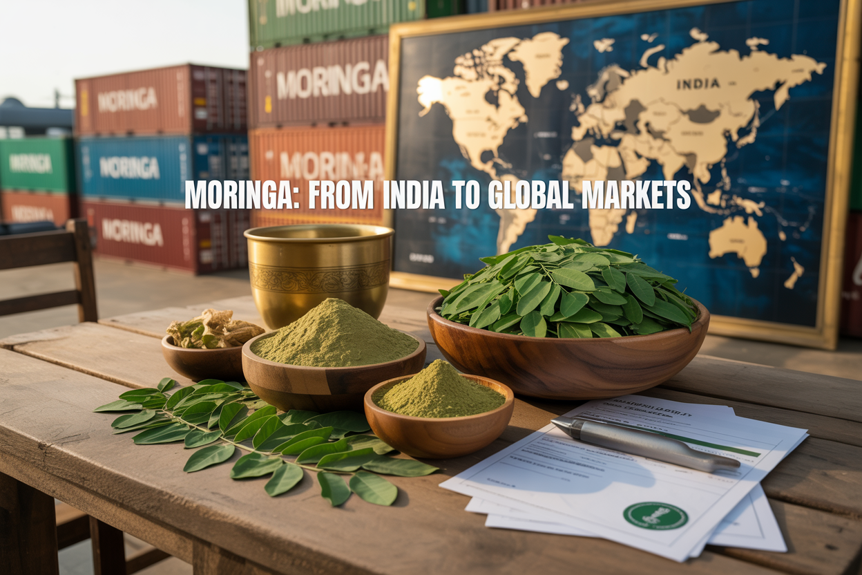 Create a realistic image of fresh green moringa leaves and powder in wooden bowls arranged on a rustic wooden table, with a world map in the background showing India highlighted, alongside shipping containers and business documents, all in warm natural lighting with professional business atmosphere, including the text 