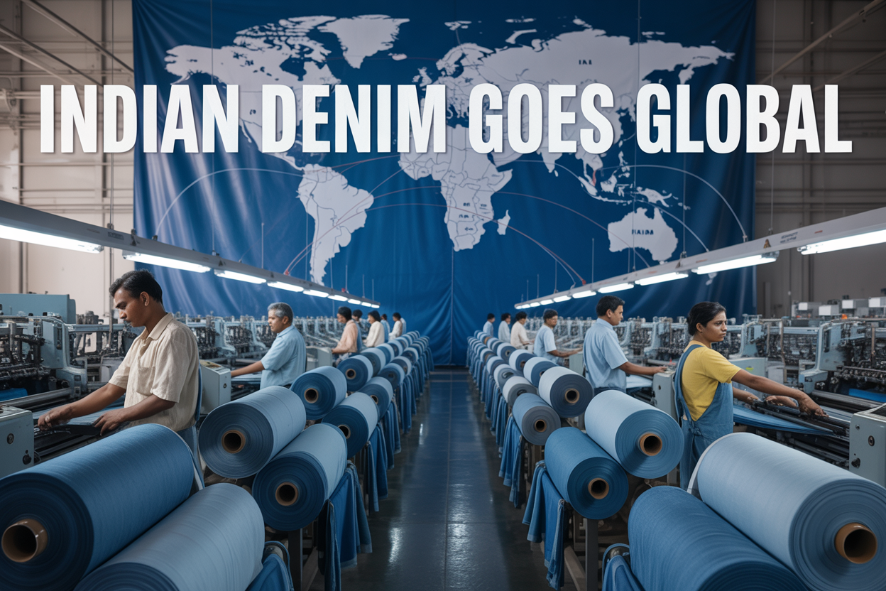 Create a realistic image of a modern textile manufacturing facility with rows of industrial denim weaving machines and fabric rolls in various shades of blue denim, featuring a diverse group of workers including Indian male and female textile workers operating machinery in the foreground, with a large world map displayed on the wall showing connected lines between India and major cities in Europe, America, and Asia, industrial lighting illuminating the scene, and the text "Indian Denim Goes Global" prominently displayed across the top of the image in bold white letters.