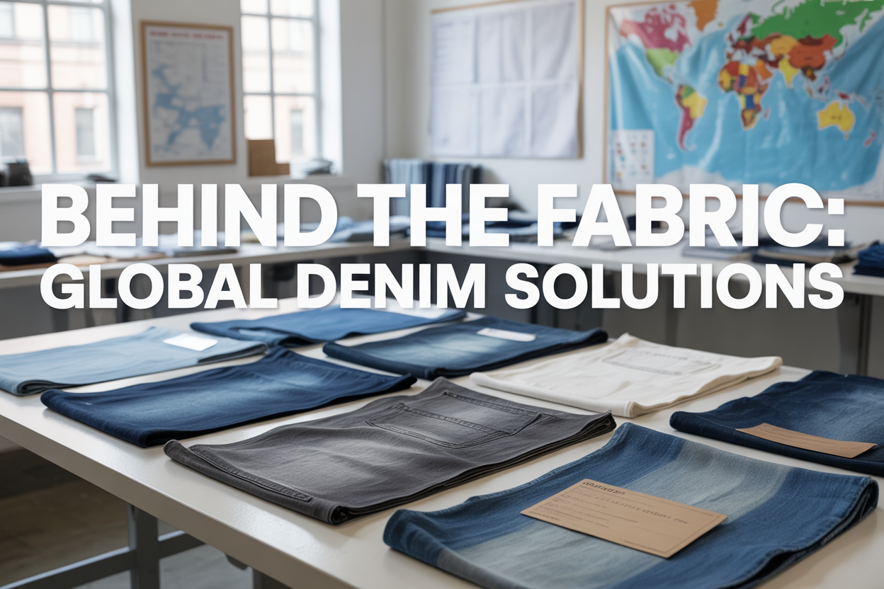 Create a realistic image of a modern textile manufacturing workspace featuring various denim fabric samples laid out on a clean white table, showing different weights from lightweight to heavy-duty denim in various washes including raw indigo, stone-washed, and distressed finishes, with fabric specification cards displaying technical details, a world map on the wall with pins marking global markets, soft natural lighting from large windows, and the text "Behind the Fabric: Global Denim Solutions" prominently displayed across the top of the image in clean, modern typography.