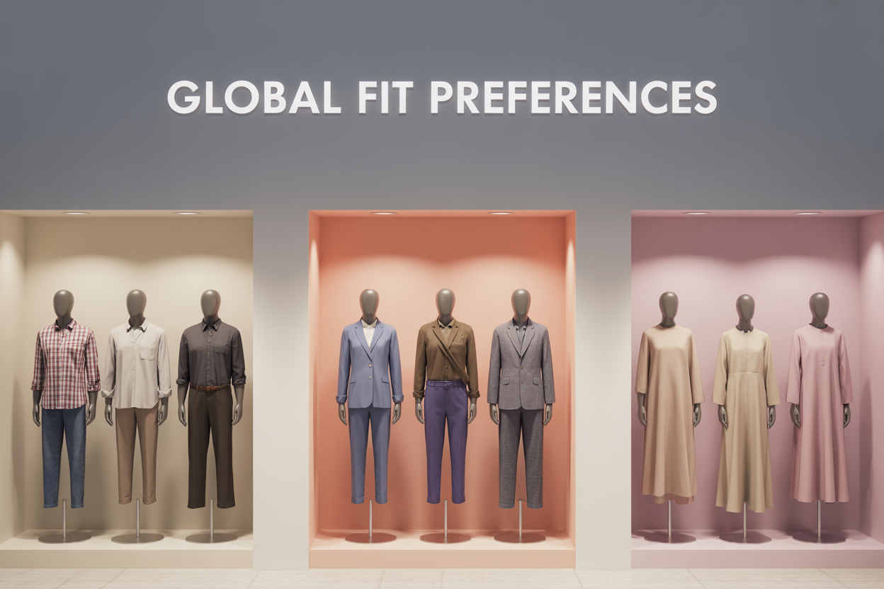 Create a realistic image of three distinct clothing sections representing different global markets: left section showing casual American-style clothing with relaxed fits, center section displaying tailored European garments with structured silhouettes, and right section featuring modest Middle Eastern clothing with loose, comfortable designs, all arranged on modern retail displays with soft, even lighting, include diverse mannequins representing different body types, with the text "Global Fit Preferences" prominently displayed at the top of the image in clean, modern typography.