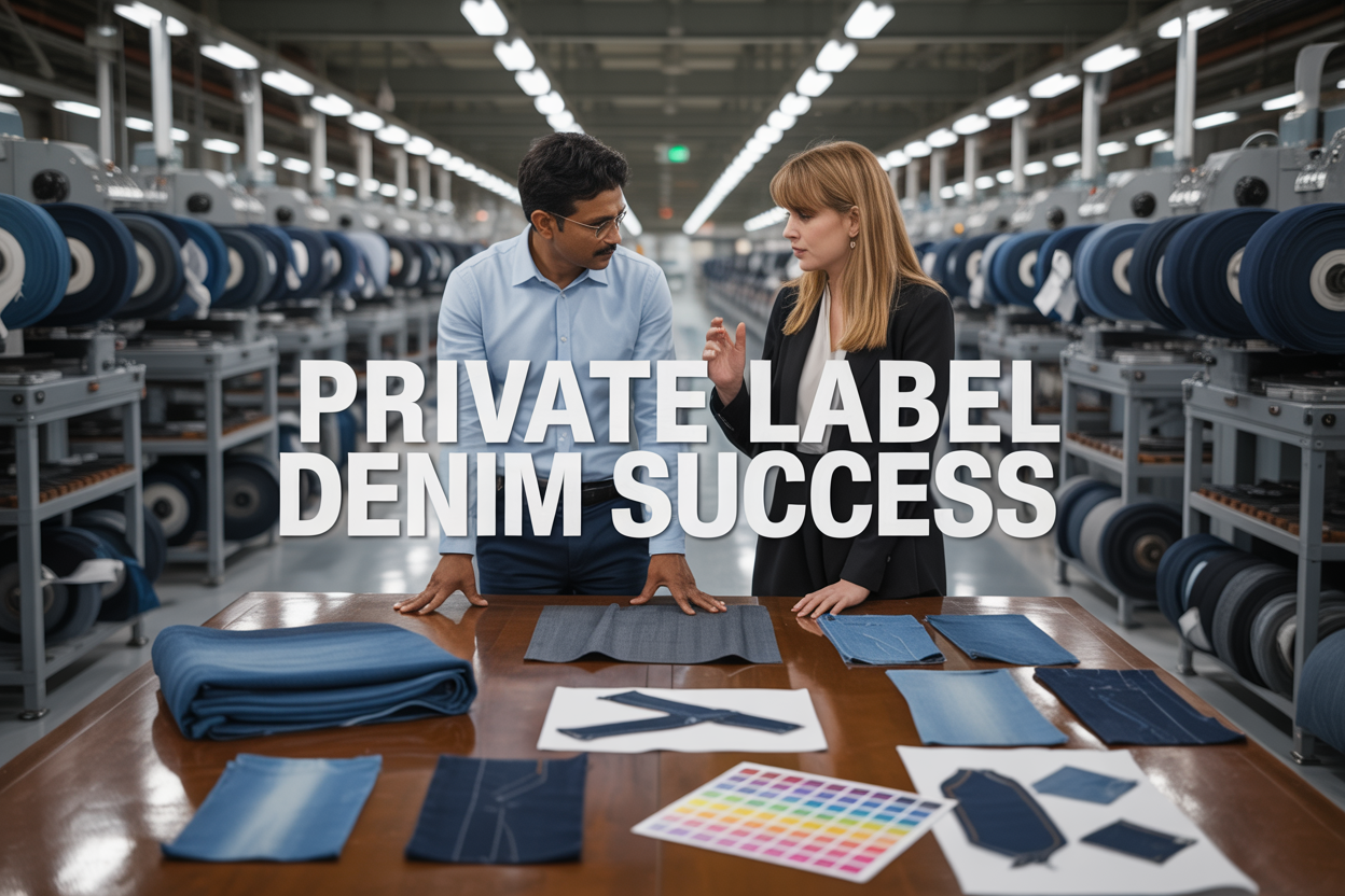 Create a realistic image of a modern textile manufacturing facility with rows of industrial denim production machinery and fabric rolls in the background, a polished wooden conference table in the foreground displaying various denim fabric samples, color swatches, and design sketches, with an Indian male manufacturer in business attire and a white female importer examining denim samples together, bright industrial lighting creating a professional atmosphere, and the text "Private Label Denim Success" prominently displayed in bold modern typography across the top of the image.