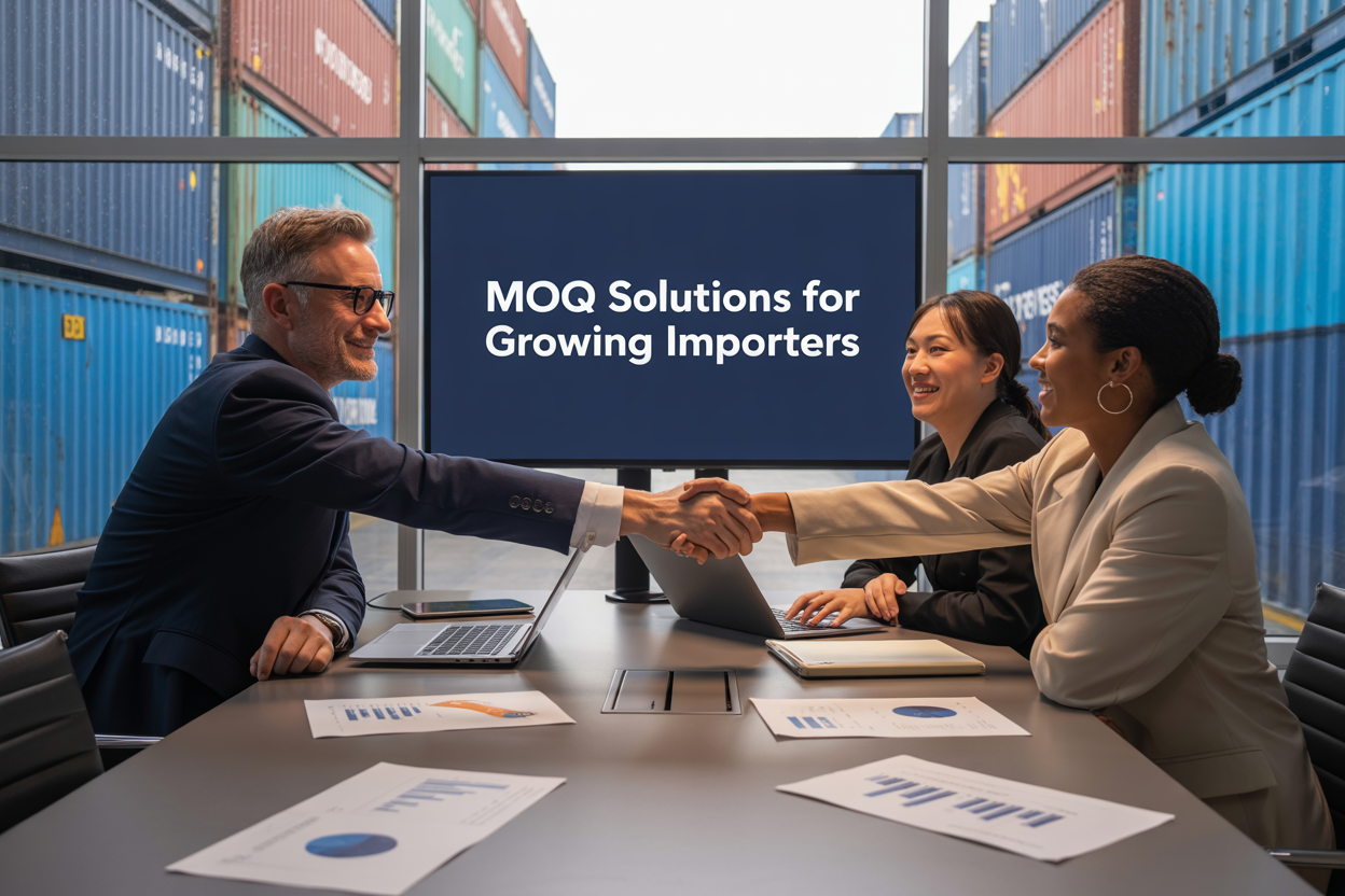 Create a realistic image of a modern business meeting scene with a diverse group including a white male business owner, an Asian female logistics manager, and a black male consultant sitting around a sleek conference table with laptops, shipping containers visible through large windows in the background, warm professional lighting, documents and charts showing MOQ data scattered on the table, handshakes occurring between partners, and the text "MOQ Solutions for Growing Importers" prominently displayed on a wall-mounted screen behind them.