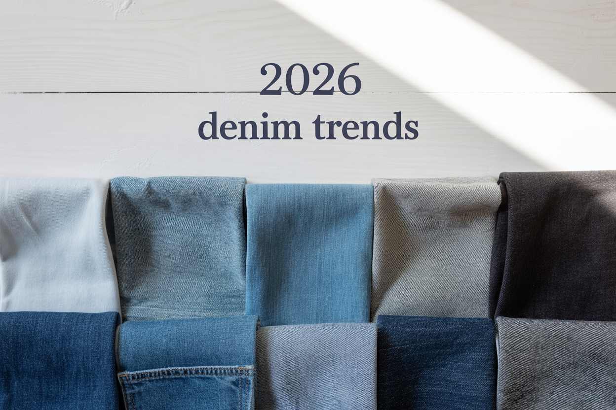 Create a realistic image of various denim fabric samples arranged in an organized grid layout showcasing different wash techniques and color variations from light indigo to dark navy, vintage distressed to clean modern finishes, with fabric swatches displaying different textures and treatments, set against a clean white wooden background with soft natural lighting from above, include the text "2026 Denim Trends" elegantly positioned in the upper portion of the image in modern sans-serif font, with some samples slightly overlapping to create depth and visual interest.