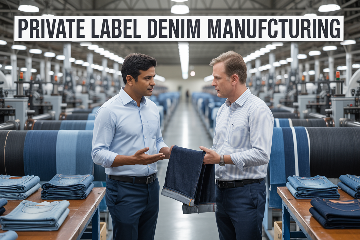 Create a realistic image of a modern textile manufacturing facility in India with rows of industrial denim weaving machines and fabric rolls, featuring a South Asian male factory manager in business casual attire discussing with a white male importer wearing a button-down shirt, both examining high-quality denim fabric samples, with folded jeans and denim rolls visible on nearby tables, bright industrial lighting illuminating the clean factory floor, and the text "Private Label Denim Manufacturing" prominently displayed across the top of the image in bold, professional typography.