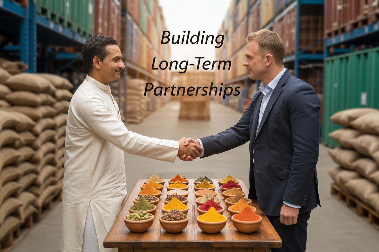 Create a realistic image of an Indian male spice exporter in traditional white kurta and a Western male buyer in business attire shaking hands across a wooden table covered with colorful spice samples in small bowls including turmeric, cardamom, cinnamon, and red chili powder, with burlap sacks of spices and shipping containers visible in the blurred background of a modern warehouse, warm golden lighting creating a professional yet welcoming atmosphere, with the text "Building Long-Term Partnerships" elegantly overlaid in the upper portion of the image.