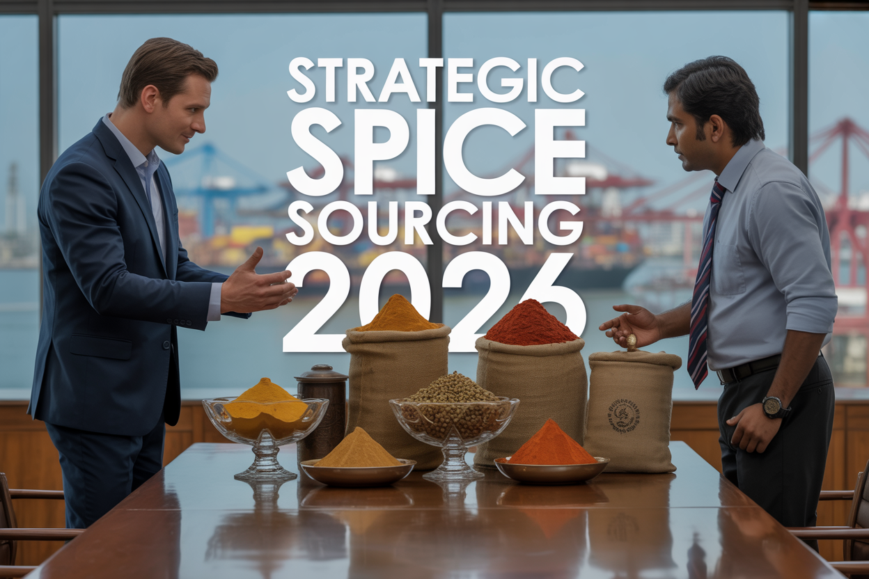 Create a realistic image of a modern business meeting scene featuring a white male international buyer in a navy suit examining various colorful Indian spices (turmeric, cardamom, cinnamon, red chili powder) displayed in elegant glass bowls and burlap sacks on a polished wooden conference table, with an Indian male supplier in business attire presenting spice samples, set against a bright modern office background with large windows showing a bustling port or warehouse in the distance, warm professional lighting highlighting the vibrant spice colors, and the text "Strategic Spice Sourcing 2026" prominently displayed in modern sans-serif font overlaid on the upper portion of the image.