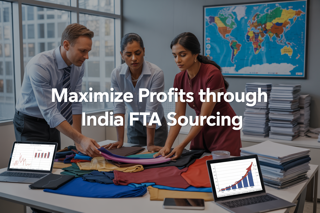 Create a realistic image of a modern business office scene with a diverse group of professionals including a white male and an Indian female examining colorful fabric samples and apparel garments spread across a large conference table, with laptops displaying charts and graphs showing profit margins, a world map highlighting India and international trade routes in the background, complemented by stacks of trade documents and FTA paperwork, bright natural lighting from large windows, professional atmosphere conveying successful international business collaboration, with the text "Maximize Profits Through India FTA Sourcing" prominently displayed as an overlay.