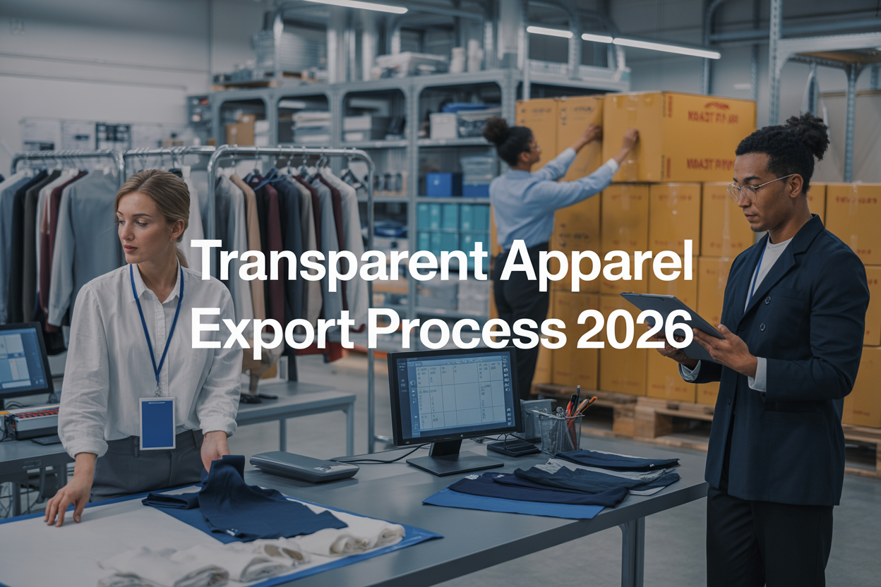 From Sampling to Shipment: A Transparent Apparel Export Process for Global Buyers in 2026 Create a realistic image of a modern apparel manufacturing facility showing the complete export process from sampling to shipment, featuring a diverse group of professionals including a white female quality inspector examining fabric samples at a workstation, an Asian male production manager reviewing digital tablets showing production schedules, and a black female logistics coordinator coordinating with shipping containers in the background, with clothing racks displaying finished garments, modern manufacturing equipment, computer screens showing tracking systems, and shipping boxes being prepared for export, all under bright industrial lighting with a clean, organized atmosphere, including the text "Transparent Apparel Export Process 2026" prominently displayed as an overlay.