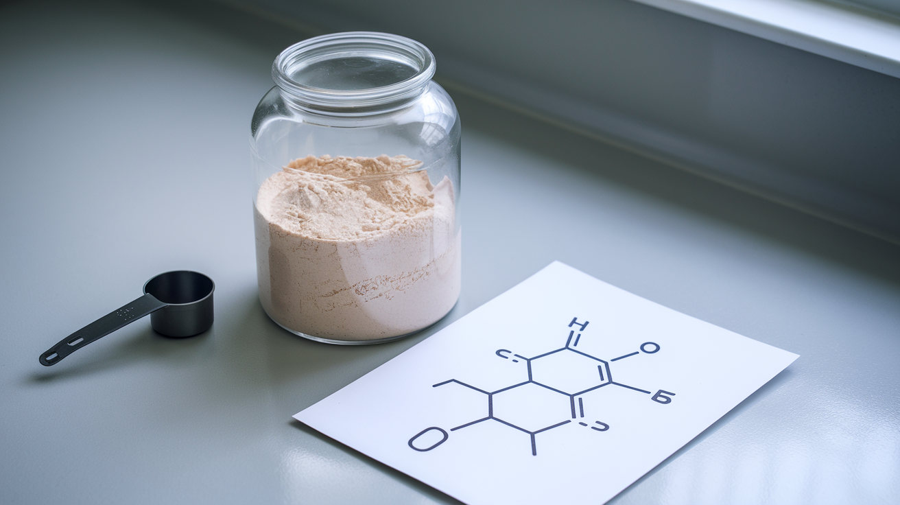 Create a realistic image of a glass container of premium whey protein powder with a measuring scoop beside it, alongside a simple molecular diagram showing protein structure, all arranged on a clean laboratory countertop with soft, professional lighting highlighting the texture of the powder and the scientific aspects of protein supplementation.