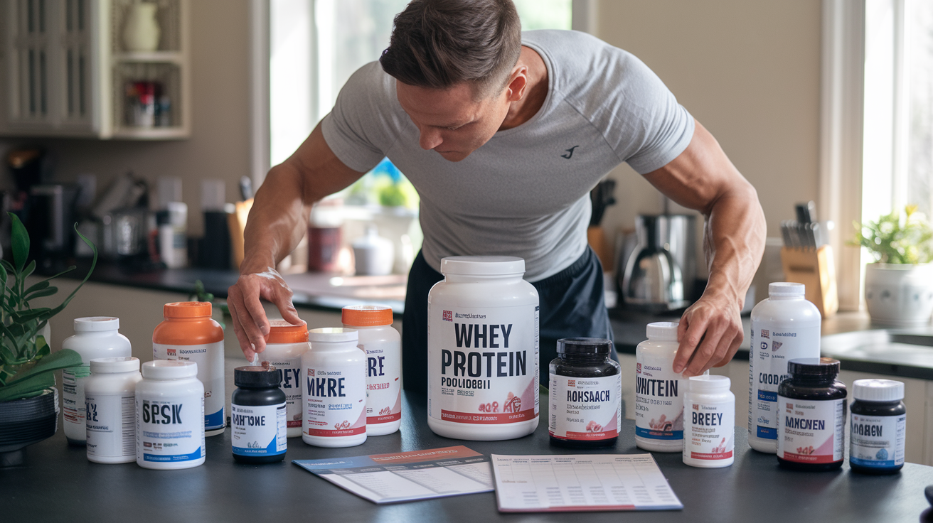 Create a realistic image of a white male fitness enthusiast in his 30s carefully organizing various supplement containers on a kitchen counter, with whey protein prominently displayed in the center, alongside a nutrition plan and workout schedule, suggesting a methodical approach to muscle gain supplementation, with soft natural lighting highlighting the products.