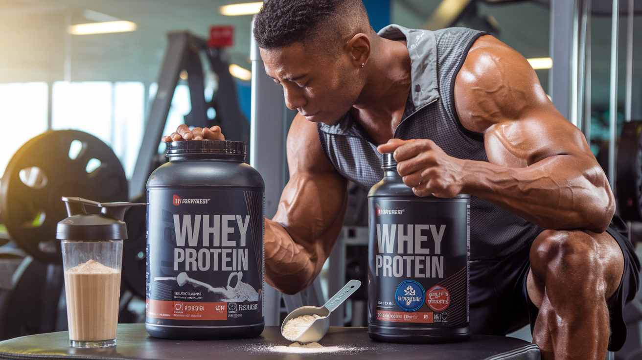 Create a realistic image of a muscular male fitness enthusiast (mixed race) in a gym setting examining two protein powder containers, with a prepared protein shake in a shaker bottle nearby, workout equipment visible in the background, golden lighting highlighting the protein tubs which display "Whey Protein" prominently, a measuring scoop with powder visible, and subtle text overlay reading "Best Whey for Muscle Gain."